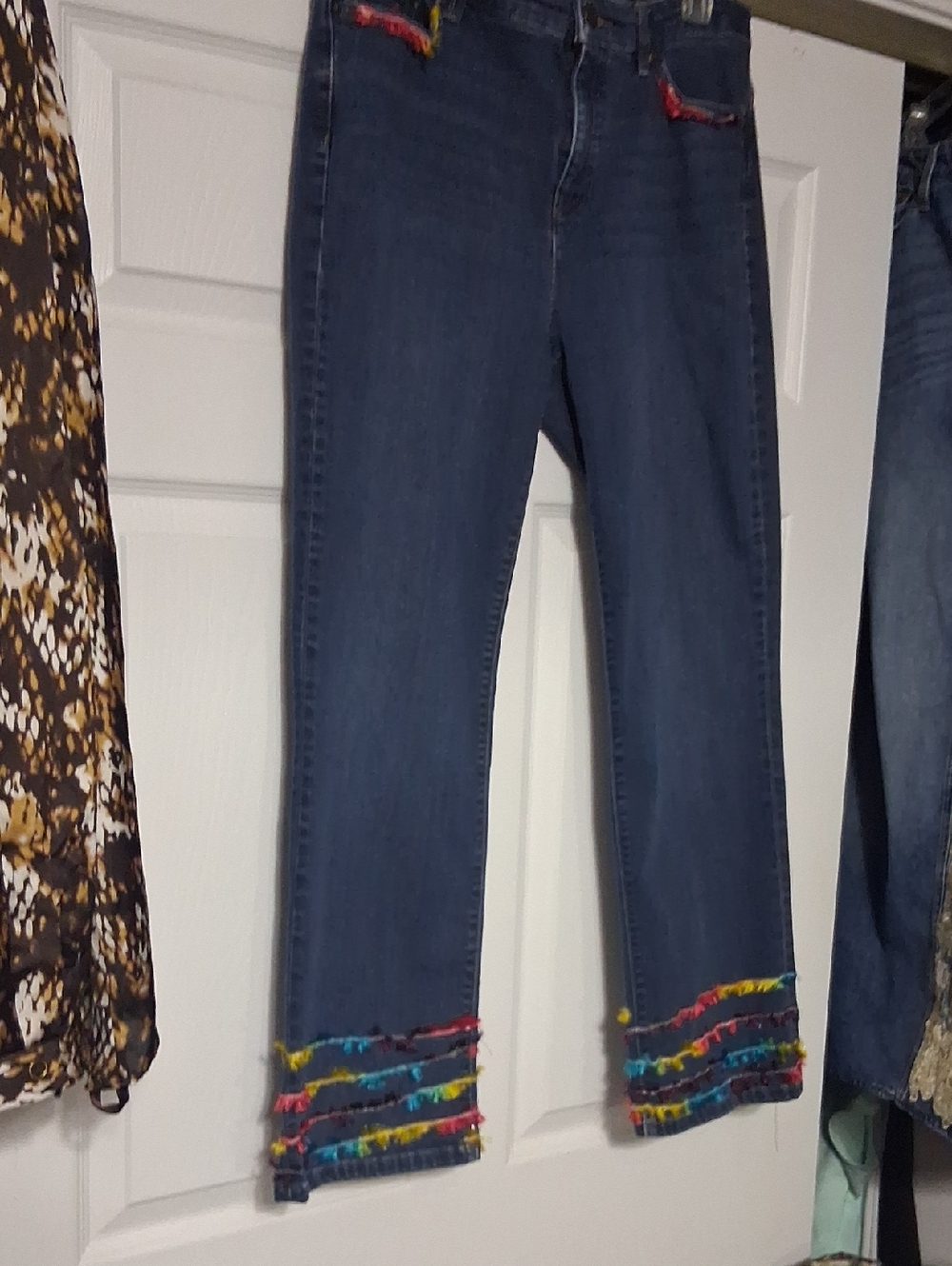 Dark Blue Cropped Jeans with Multicolor Fringe Hem